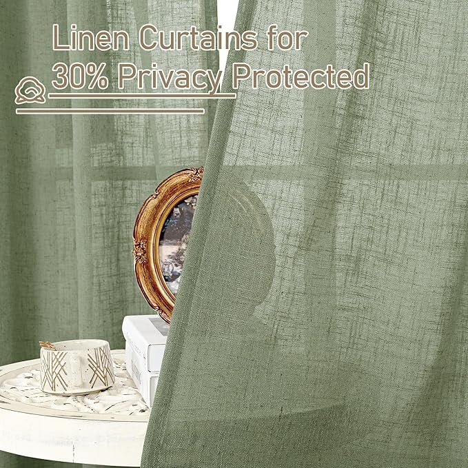 LAMIT Sage Green Linen Curtains for Windows 2 Panels Set, 48 Inch Linen Textured Light Filtering Drapes Bronze Grommet Boho Panels for Farmhouse/RV Camper/Loft, 34 x 48 Inch
