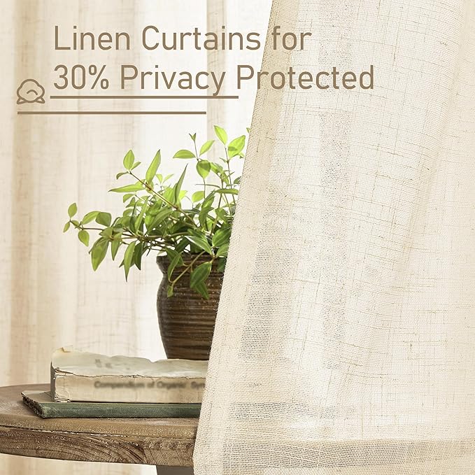 LAMIT Beige Linen Curtains for Living Room 80 inch Length, Light Filtering Semi Sheer Panels Back Tab and Rod Pocket Neutral Panels for Bedroom, 2 Panels, 34 x 80 Inch