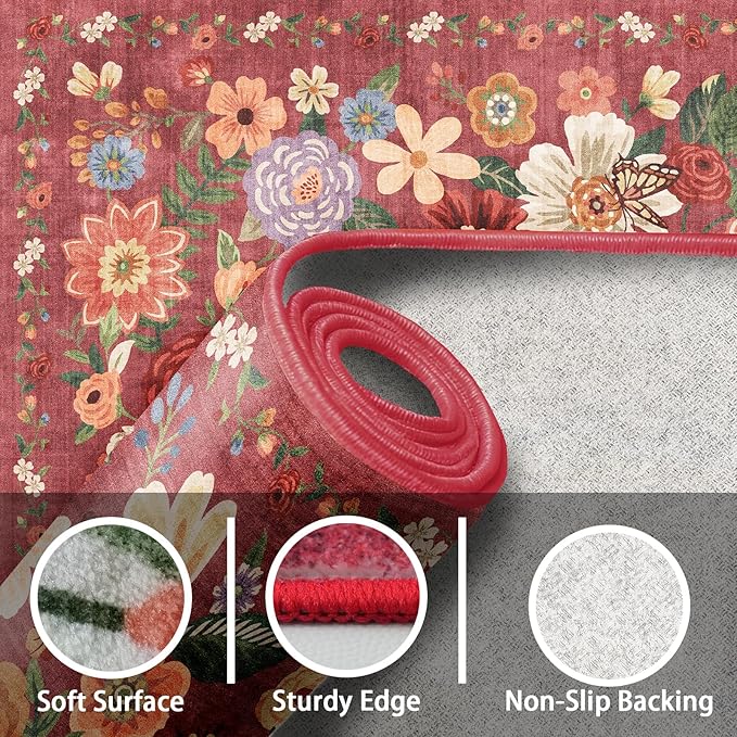 Area Rug 4x6 Rug Washable Boho Rugs Non Slip Low Pile Floral Small Carpet for Bedroom, Bedside, Kids Room, Office, Dining Room(Red Garden, 4 x 6)
