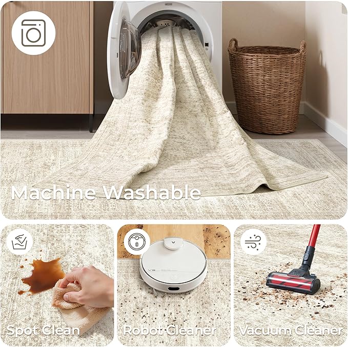 3x8 Runner Rug Non Slip Washable for Entryway, Vintage Hallway Runner for Front Porch, Laundry Room, Bedroom, Abstract Stain Resistant Thin Indoor Kitchen Mats for Floor(3'x8', Beige/Ivory)