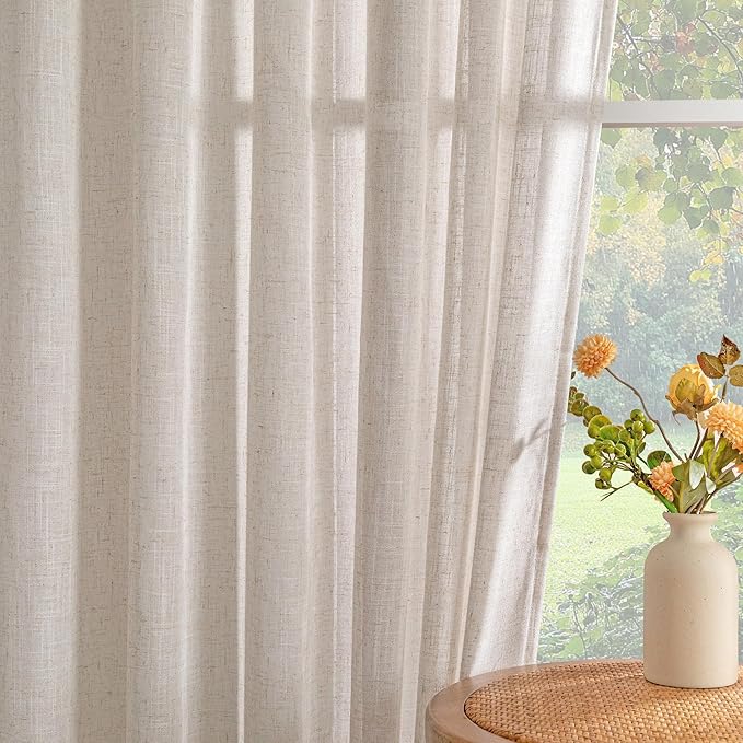 MYSKY HOME Natural Linen Living Room Curtains, Extra Long Semi Sheers Light Filtering Back Tab Privacy Drapes for Patio Pergola Gazebo Soft Nice Vertical Elegant Style, 50 x 120 Inch, 2 Panels