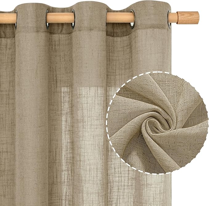LAMIT Linen Curtains for Living Room 84 inch Length 2 Panels, Light Filtering Semi Sheer Curtains Bronze Grommet Farmhouse Panels for Bedroom/Sliding Glass Door, Taupe, 52 x 84 Inch