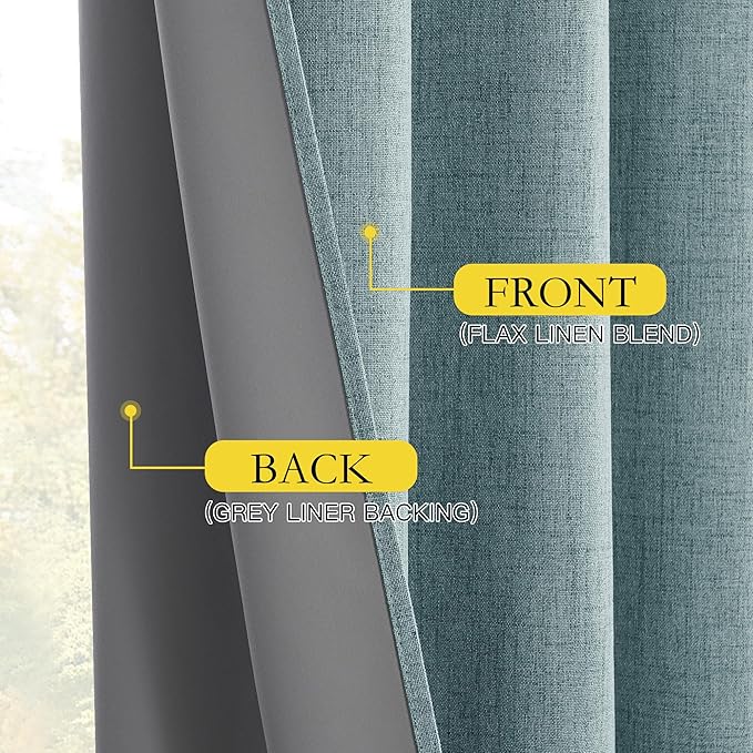 NICETOWN 100% Absolutely Blackout Linen Curtains with Thermal Insulated White Liner, Skylark Blue, 52 inches Wide, 72 inches Length Energy Saving Curtains for Living Room 2 Panels Set, Vertical Blinds