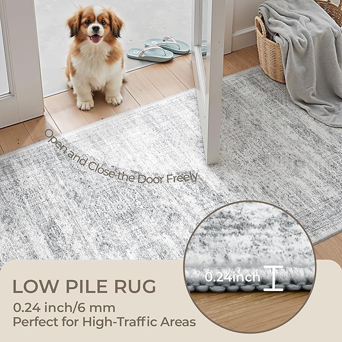 3x8 Runner Rug Non Slip Washable for Entryway, Vintage Hallway Runner for Front Porch, Laundry Room, Bedroom, Abstract Stain Resistant Thin Indoor Kitchen Mats for Floor(3'x8', Grey/Ivory)