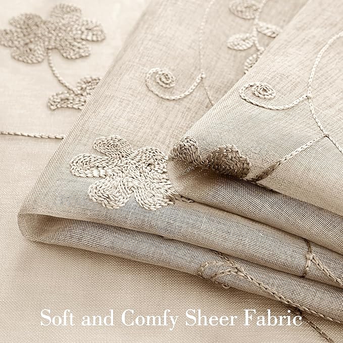HOMEIDEAS Taupe Sheer Curtains 63 Inches Length 2 Panels Beige Embroidered Floral Pattern Semi Sheer Window Curtains for Bedroom Living Room