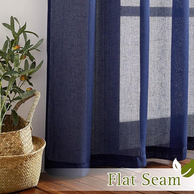 NICETOWN Linen Textured Sheer Curtains 96 inch Long for Living Room, Privacy Chic Sheer Curtains Window Treatment Translucent Drapes for Farmhouse/Cottage, W70 x L96, Dark Blue, 1 Pair