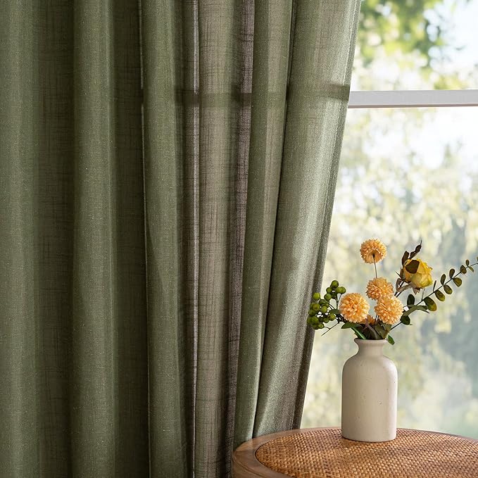 MYSKY HOME 96 Inches Semi Sheer Sliding Door Curtains Farmhouse Light Filtering Window Curtain Drapes for Patio Living Room, Extra Long Green Linen Curtains Bohemian, 50x96, Olive Green, 2 Panels