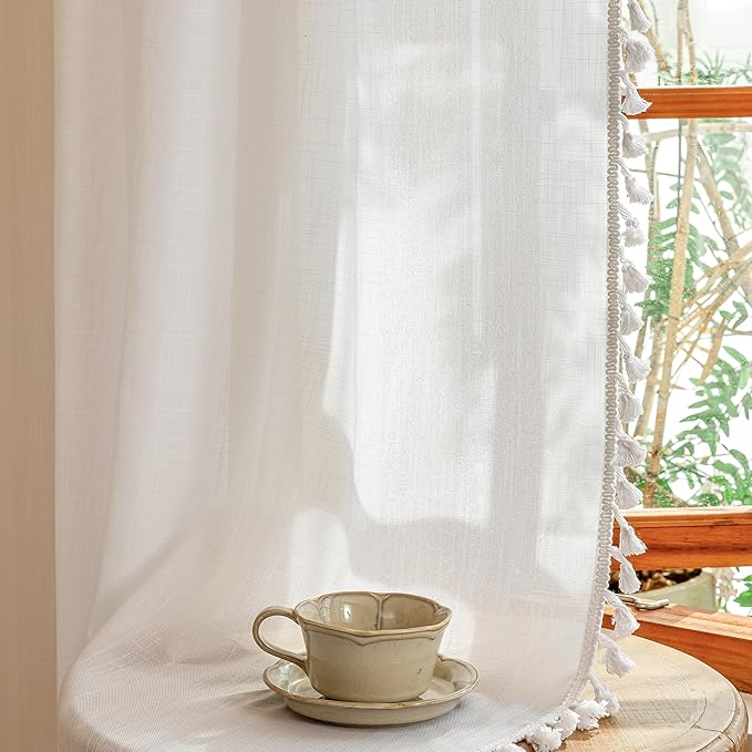 MYSKY HOME Semi Sheer Light Filtering White Bohemian Curtains for Sliding Door 96 Inches Long，Back Tab Ceiling Curtains with Tassel for Living Room Bedroom, 50" x 96"，Pure White，2 Pieces