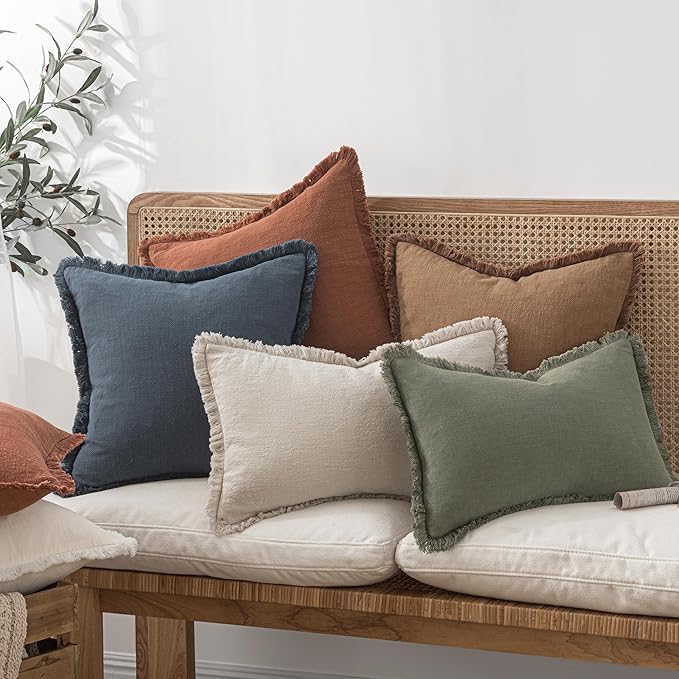 MIULEE Decorative Throw Pillow Covers Neutral Linen Fringe Throw Pillows Euro Shams Set of 2 Brown Boho Farmhouse Cushion Covers for Couch Sofa Bed Living Room Spring Home Decor 22x22 Inch