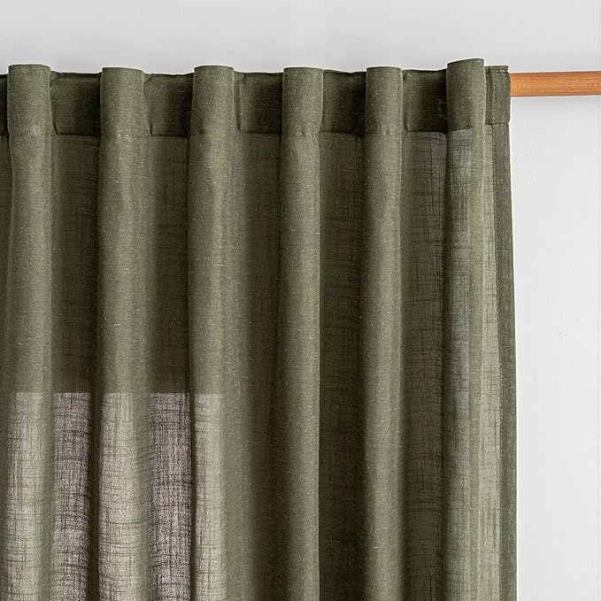 MYSKY HOME Short Semi Sheer Curtains for Bedroom 63 Inches Long Light Filtering Privacy Drapes for Small Window Linen Look Boho Home Decor Curtain for Parties, 50" x 63", Olive Green, 2 Pieces