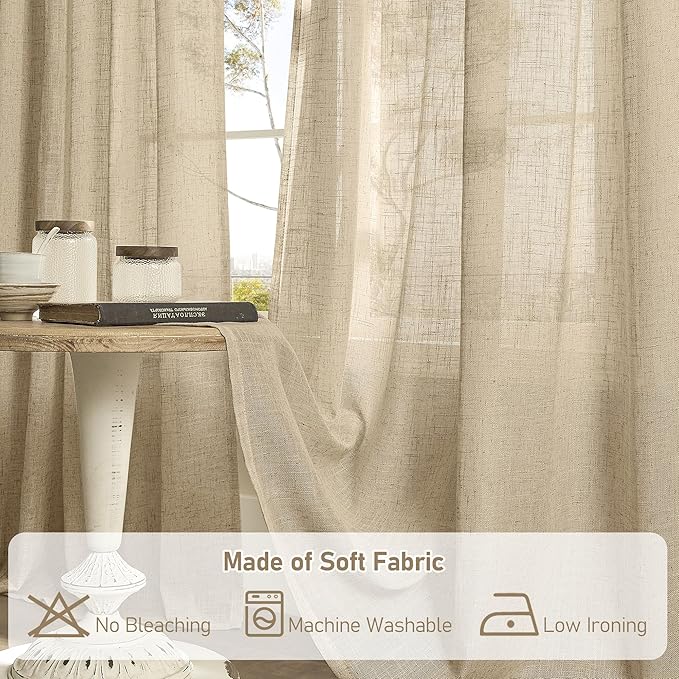 LAMIT Linen Blended Curtains for Bedroom, Faux Linen Textured Light Filtering Drapes Back Tab and Rod Pocket Boho Burlap Panels for Farmhouse/Living Room, 2 Panels, 52 x 80 Inch, Brown
