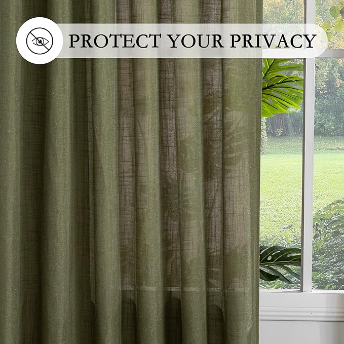 MYSKY HOME 95 Inch Semi Sheer Sliding Door Curtains Farmhouse Light Filtering Window Curtain Drapes for Patio Living Room, Linen Look Texture Fabric Bohemian Draperies, 50x95, Olive Green, 2 Panels