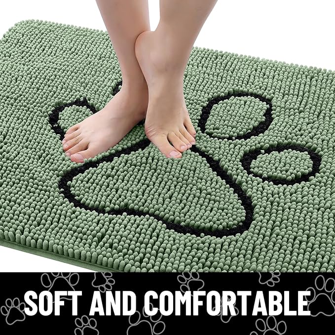 Smiry Dog Door Mat for Muddy Paws, Absorbent Dirt Trapper Non Slip Quick Dry Washable Chenille Mat for Mud Dogs, Entry Rug for Indoor and Outdoor (36x24 Inches, Olive Green and Black)