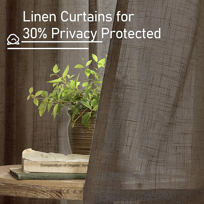 LAMIT Dark Brown Linen Curtains for Living Room 84 inch Length, Light Filtering Semi Sheer Panels Bronze Grommet Rustic Farmhouse Drapes for Bedroom/Sliding Glass Door, 2 Panels, 52 x 84 Inch
