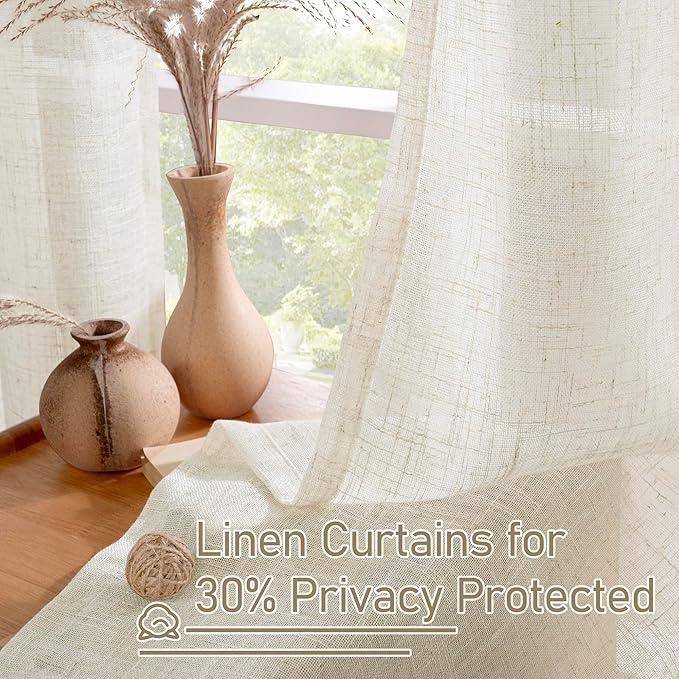 LAMIT Natural Linen Curtains 84 Inches Long for Living Room, Bronze Grommet Cream Ivory Light Filtering Window Treatments Semi Sheer Neutral Drapes for Bedroom, 60 x 84 Inch 2 Panels Set