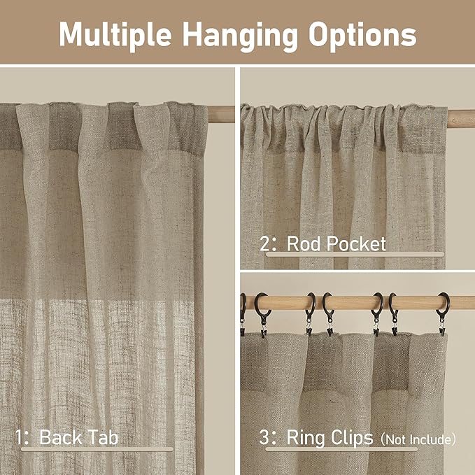 LAMIT Taupe 78 inch Linen Curtains for Living Room 2 Panels, Linen Textured Light Filtering Semi Sheer Back Tab and Rod Pocket Curtain Panels for Bedroom/Farmhouse, 52 x 78 Inch