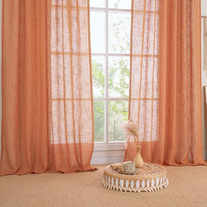 LAMIT Burnt Orange Linen Curtains for Living Room, 84 inch Length Light Filtering Semi Sheer Drapes Back Tab and Rod Pocket Farmhouse Panels for Bedroom, 2 Panels, 34 x 84 Inch