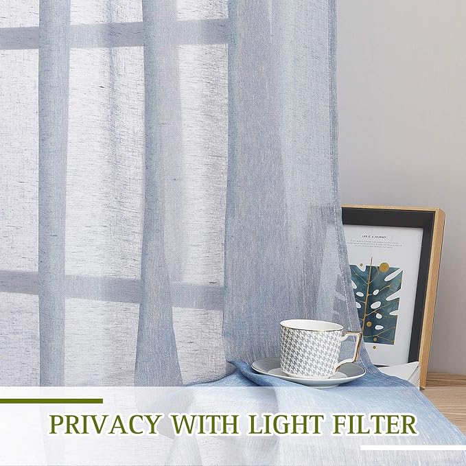 NICETOWN Sheer Curtains Flax Texture for Bedroom, Retro Grommet Top Linen Textured Semitransparent Privacy Window Treatment Light Filter for Living Room, 52" W x 108" L, Set of 2, Sea Mist