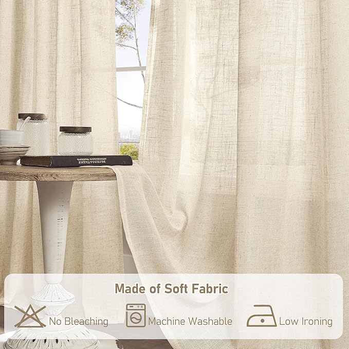 LAMIT Natural Linen Semi Sheer Curtains 63 Inch for Bedroom, Light Filtering Curtains Farmhouse Boho Bronze Grommet Drapes for Dining Room, 2 Panels (38 x 63 Inch, Linen)