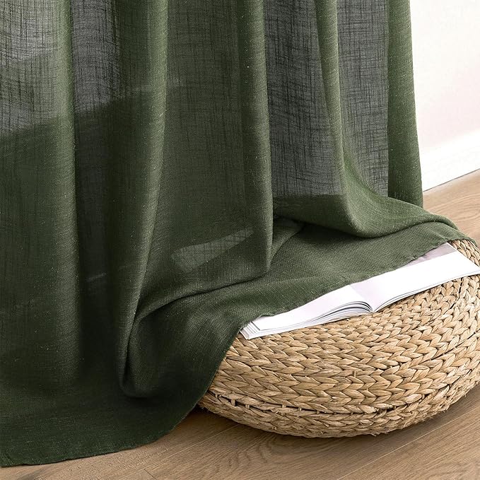MIULEE Olive Green Linen Curtains 90 Inch Long for Bedroom Living Room, Soft Thick Linen Textured Window Drapes Semi Sheer Light Filtering Rod Pocket Back Tab Christmas Burlap Look, 2 Panels
