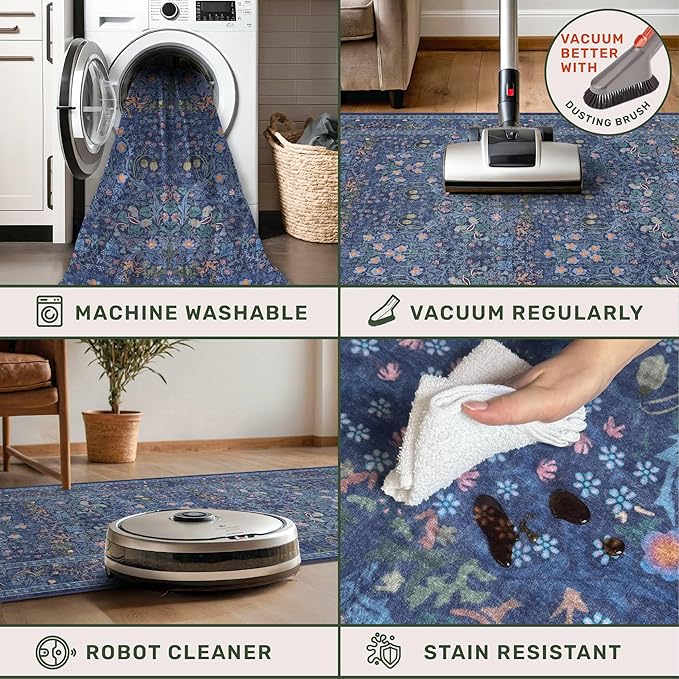 Dark Blue 3x12 Extra Long Wide Runner Rug for Hallway, Non Slip Washable, 12 ft Large Kitchen Floor Rugs for Indoor Entrance, Low Pile Stain Resistant Vintage Floral Carpet
