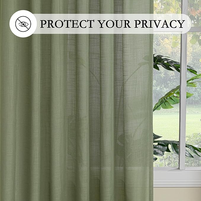 MYSKY HOME Sage Green Sheer Curtains 63 inch Length Semi Sheer Curtains for Bedroom Light Filtering Short Window Treatment Privacy Protect Boho Farmhouse Soft Drapes Set, Back Tab, 50" Wide, 2 Pieces