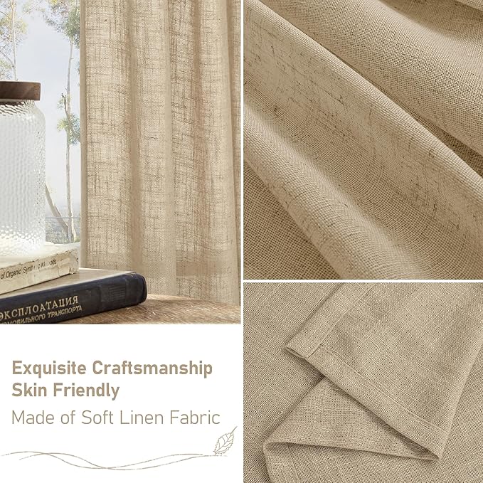 LAMIT Living Room Linen Curtains - 90 Inch, Back Tab & Rod Pocket, Light Filtering, Burlap Textured Sheer Curtains for Farmhouse, 2 Panels, 52 x 90 Inch, Brown