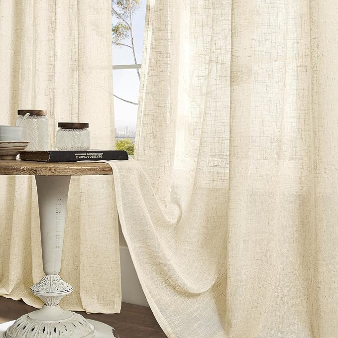 LAMIT Beige Linen Curtains 63 inch Length 2 Panels for Living Room, Bronze Grommet Soft Semi Sheer Light Filtering Window Treatments Neutral Drapes for Bedroom, 52 x 63 Inch, Beige