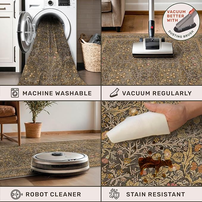 3x10 Long Runner Rugs for Hallway Non Slip, Geometric Floral Design Washable 10ft Oriental Rug for Entryway, Kitchen, Vintage Indoor Décor, Brown Low Pile Stain Resistant Carpet