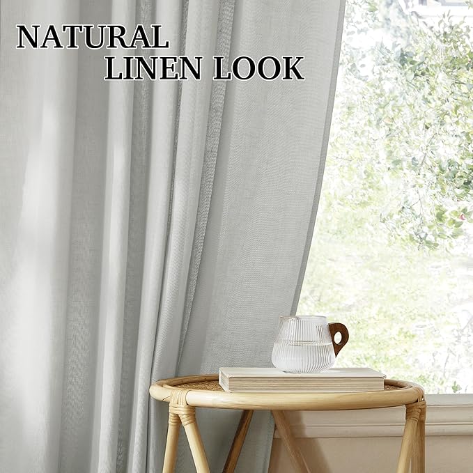 RYB HOME Grey Linen Sheer Curtains & Drapes, Back Tab 95 inches Easy Sliding Farmhouse Boho Rustic Decoration for Dining Room Nursery, W 52 x L95 inches, 2 Panels Set