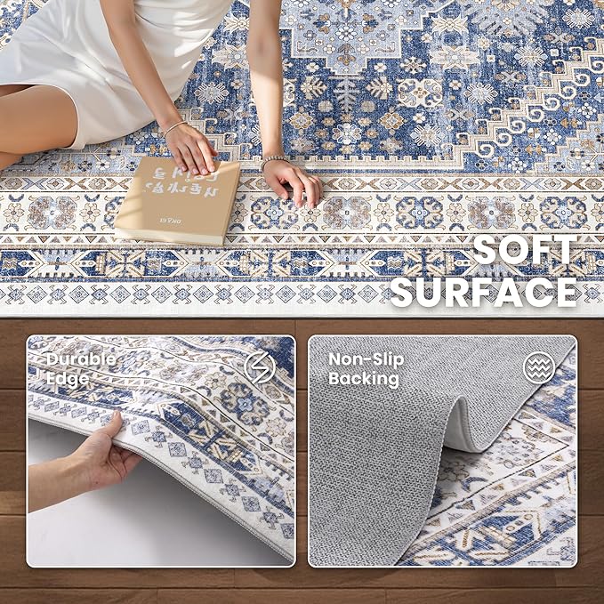 zesthome 7x9 Area Rug, Super Soft Washable Rugs for Living Room, Non-Slip Stain Resistant Vintage Rugs, Ultra-Thin Large Area Rugs (Blue/Beige,7'x9')