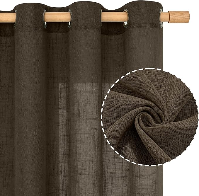 LAMIT Brown Linen Curtains 90 Inch for Living Room 2 Panels, Bronze Grommet Linen Textured Farmhouse Drapes Semi Sheer Bronze Grommet Curtain Panels for Bedroom, Dark Brown, 52 x 90 Inch