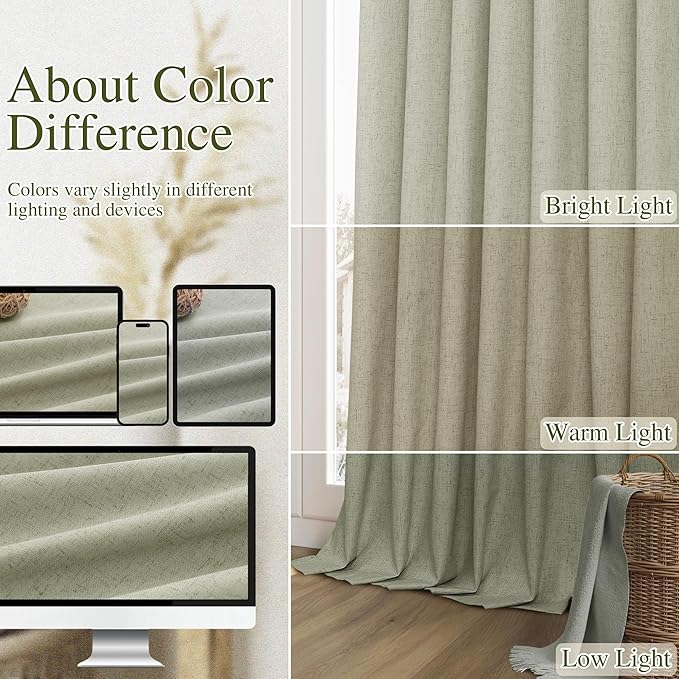 Sage Green 100% Blackout Curtains 40 Inch Wide by 90 Inch for Living Room Bedroom Back Tab Thermal Insulated Black Out Linen Drapes Room Darkening Window Curtains
