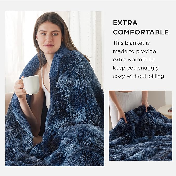 Bedsure GentleSoft Fluffy Tie Dye Navy Blue Blankets Queen Size for Bed, Thick Sherpa Faux Fur Fleece Fuzzy Plush Winter Warm Soft Queen Blankets, Bedroom Decor Blue Cozy Gifts for Women Men, 90x90