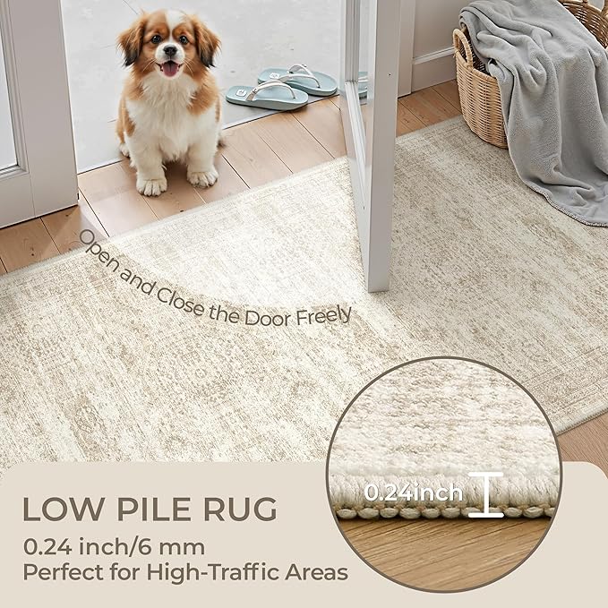 4x8 Rug for Bedroom,Wide Runner Rug for Hallway, Non Slip Washable Runner Rug for Living Room, Low Pile Soft Entryway Kitchen Rug, Modern Home Decor Mat for Dining Room(4'x8', Beige/Ivory)