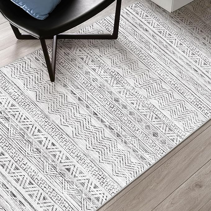3x5 Washable Entryway Area Rug: Modern Moroccan Small Runner Rug Indoor Soft Non Slip Rug for Living Room Low Pile Thin Floor Carpet for Kitchen Dining Room Bedroom Home Office Decor(3x5,Grey)