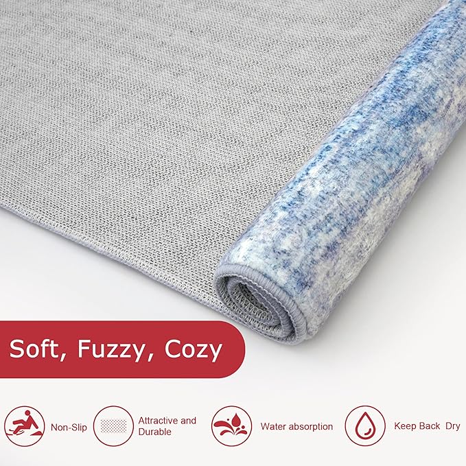 KOZYFLY Modern Abstract Washable Rug Runner 2.6x10 Hallway Rug Runner Non-Slip Soft Kitchen Runner Rugs, Blue/Grey/Beige Striped Carpet for Entryway Bathroom Laundry Room Foyer
