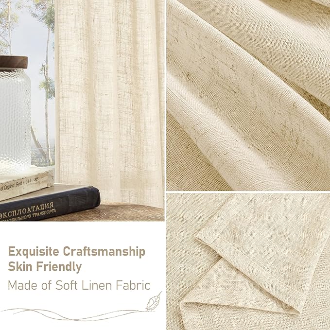 LAMIT Linen Curtains 63 inches Long for Bedroom, Bronze Grommet Linen Drapes Light Filtering Sheer Window Curtains for Living Room, Set of 2 Panels (38 x 63 Inch, Beige)