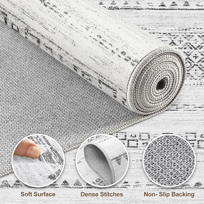 Nakagishi 6x8 Area Rug Living Room: Washable Boho Large Neutral Modern Soft Farmhouse Rugs Stain Resistant Indoor Floor Non-Slip Carpet for Bedroom Nursery Kids Playroom Office Dining Room- Grey