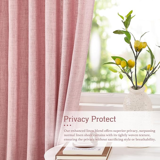RYB HOME Living Room and Dining Room Curtains and Drapes Linen Sheer, Light Filtering Curtains 102 inches Long, Back Tab/Rod Pocket, Peach Blush, W 52 x L 102 inches, 2 Panels Set