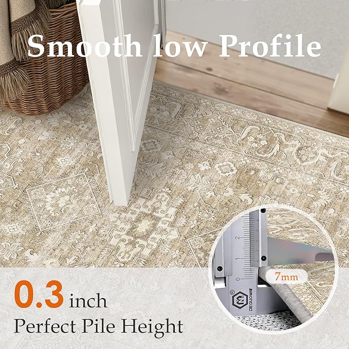 5x7 Washable Area Rug for Living Room Bedroom Vintage Beige Soft Low Pile Carpet Traditional Retro Non Slip Throw Rug for Dining Room Entryway Indoor Dorm Kitchen