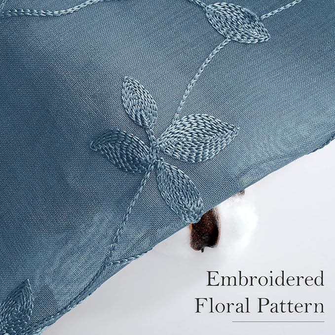 HOMEIDEAS Cyan Blue Sheer Curtains 52 X 84 Inches Length 2 Panels Embroidered Vine Floral Pattern Pocket Faux Linen Semi Sheer Voile Window Drapes for Bedroom Living Room