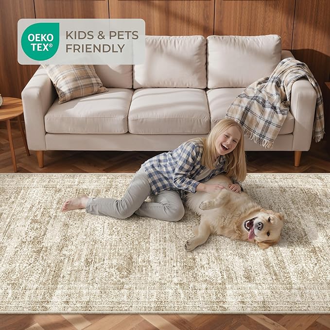 Kitchen Runner Rugs Non Skid Washable - 2.5 x 10 Runner Rug with Anti Slip Backing, Ultra-Thin Soft Rug Runner for Hallway, Bedroom, Living Room (2.5'x10', Brown/Ivory)
