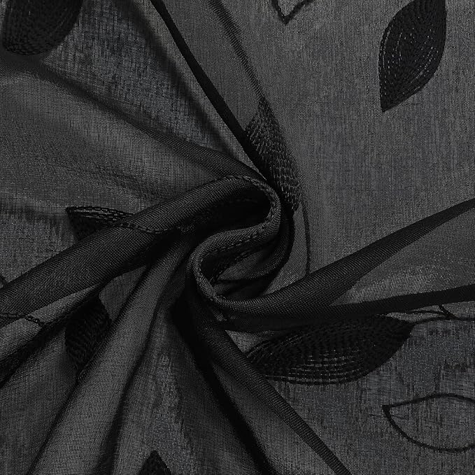 HOMEIDEAS Black Sheer Curtains 52 X 96 Inches Length 2 Panels Black Embroidered Leaf Pattern Gothic Faux Linen Floral Semi Sheer Voile Window Curtains/Drapes for Bedroom Living Room
