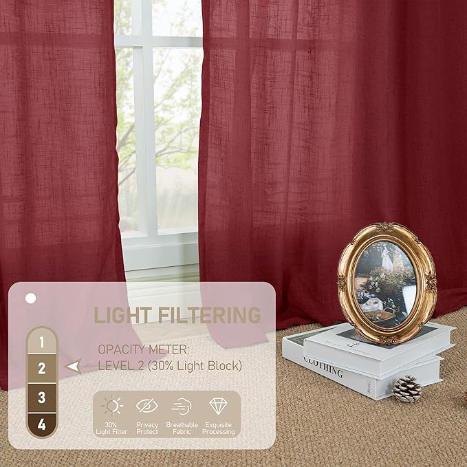 LAMIT Burgundy Red Linen Curtains 48 Inch Length 2 Panels, Light Filtering Semi Sheer Panels Bronze Grommet Christmas Decor Drapes for Small Windows/Kitchen/Bedroom, 34 x 48 Inch