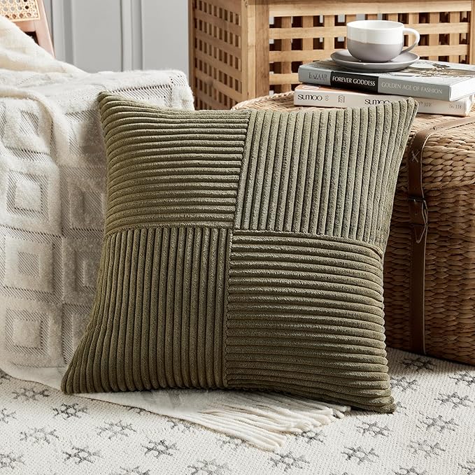 Fancy Homi 2 Packs Olive Green Decorative Throw Pillow Covers 16x16 Inch for Living Room Couch Bed, Rustic Farmhouse Boho Home Decor, Soft Corss Patchwork Corduroy Textured Cushion Case 40x40 cm