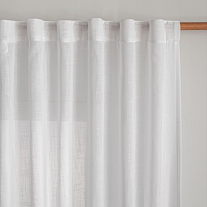 MYSKY HOME White Sheer Curtains 63 inch length Semi Sheer Curtains for Bedroom Light Filtering Short Window Treatment Privacy Protect Drapes Set, Back Tab Boho Farmhouse Linen Soft, 50" Wide, 2 Pieces