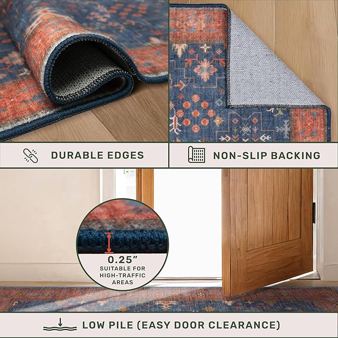 Washable Kitchen Rugs, 3x4 Area Rug for Large Entryway Indoor, Kitchen Mat, Small Rug for Living Room - Stain Resistant Non Skid Non Slip Rubber Backing, Boho Aethestic Décor (3x4 Navy Blue)