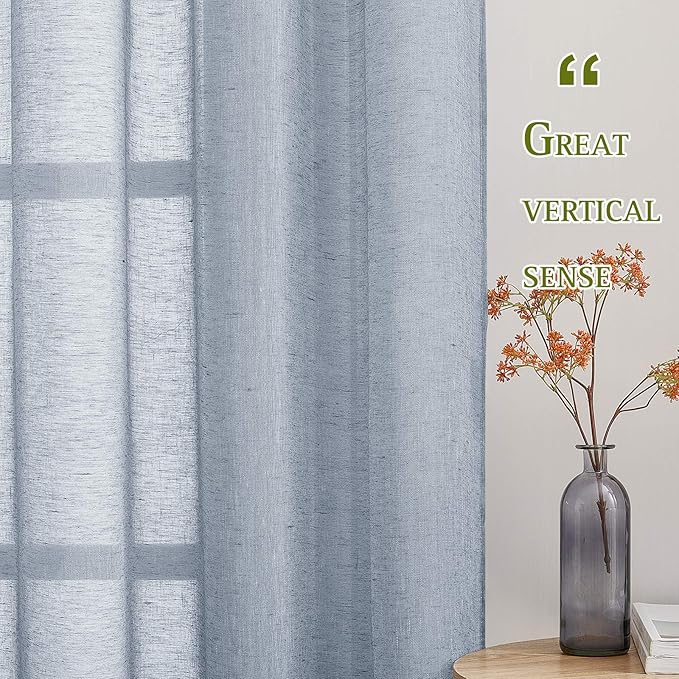 NICETOWN Sheer Curtains Flax Texture for Bedroom, Retro Grommet Top Linen Textured Semitransparent Privacy Window Treatment Light Filter for Living Room, 52" W x 108" L, Set of 2, Sea Mist
