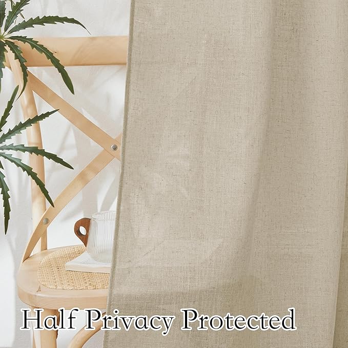 RYB HOME Linen Curtains 63 inch Length - Premium Flax Linen Material Soft Airy Breathable Semi Sheer Half Privacy Protected for Bathroom Girls Boys Bedroom Nursery, W 52 x L 63 inch, 2 Panels, Beige